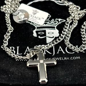 Blackjack BJP176W Men’s Stainless Steel Cross Pendant w/CZ Necklace, 24” NWT